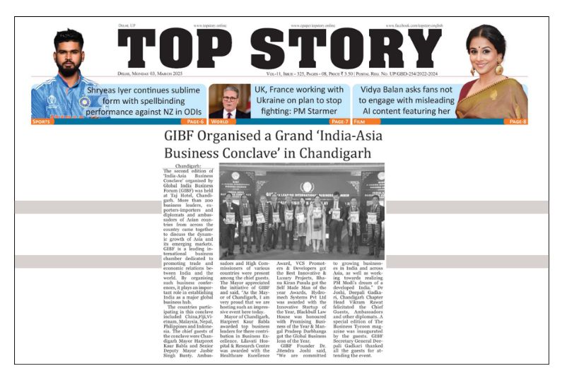 GIBF Print Media - India-Asia Business Conclave (Edition 2) Concludes Successfully in Chandigarh, Top Story