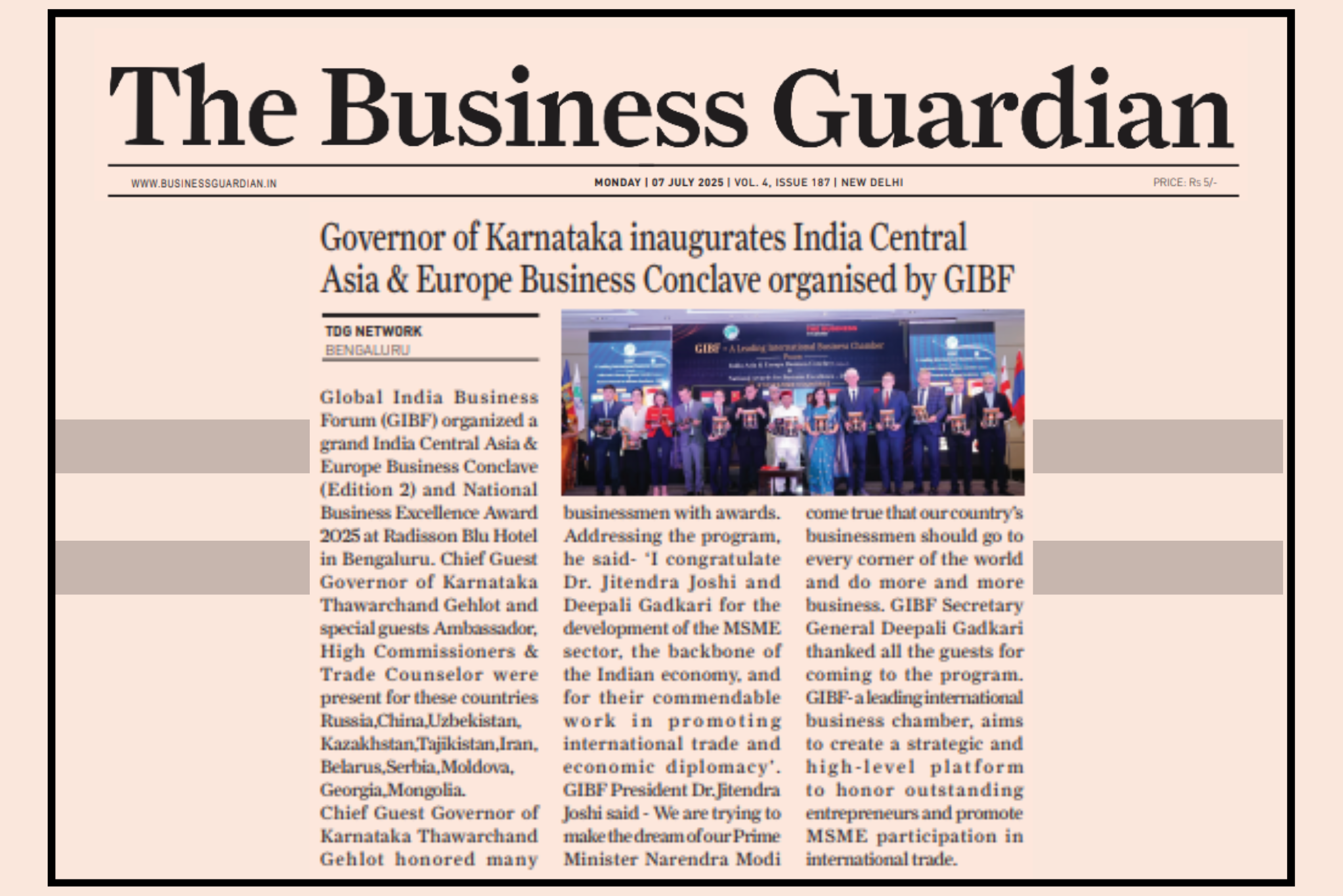 GIBF in The Business Guardian - India-Asia-Europe Business Conclave Edition 2 held in Bengaluru